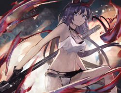 Rule 34 | 1girl, aito, animal ears, arknights, bare arms, bare shoulders, belt, bikini, black bra, black gloves, black hair, blaze (arknights), blue eyes, bra, cat ears, chainsaw, closed mouth, cowboy shot, gloves, hairband, holding, holding chainsaw, jewelry, leg up, long hair, looking at viewer, midriff, navel, necklace, official alternate costume, red hairband, smile, solo, swimsuit, tank top, tooth necklace, torn clothes, underwear, white bikini, white tank top