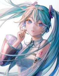Rule 34 | 1girl, adjusting headset, aqua hair, aqua nails, aqua necktie, arm at side, bare shoulders, black sleeves, blouse, blue eyes, breasts, character name, collared shirt, detached sleeves, expressionless, eyelashes, fingernails, hand up, hatsune miku, headset, highres, iridescent, light particles, long hair, looking at viewer, medium breasts, nail polish, necktie, number tattoo, parted lips, pink pupils, see-through, see-through necktie, see-through sleeves, shirt, shoulder tattoo, sidelighting, simple background, sleeveless, sleeveless shirt, solo, sparkle, tamaki599, tattoo, translucent hair, twintails, upper body, very long hair, vocaloid, white background, white shirt, wide sleeves