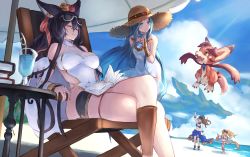Rule 34 | 4girls, bare shoulders, beach, beatrix (granblue fantasy), beatrix (summer) (granblue fantasy), bikini, black hair, blue bikini, blue eyes, blue hair, blue sky, book, breasts, bridal gauntlets, brooch, brown hair, chair, cleavage, cloud, crossed legs, day, dress, drink, erune, eyewear on head, granblue fantasy, grin, hat, ilsa34660285, ilsa (granblue fantasy), jewelry, large breasts, long hair, looking at viewer, lounging, lyria (granblue fantasy), multiple girls, na (oagenosuke), no panties, ocean, open mouth, parasol, red bikini, sarong, see-through, sitting, sky, smile, sun hat, sunglasses, swimsuit, table, twintails, umbrella, very long hair, vyrn (granblue fantasy), white dress, zeta (granblue fantasy), zeta (summer) (granblue fantasy)
