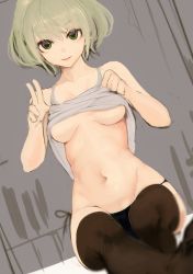 Rule 34 | &gt;:), 1girl, absurdres, bare arms, bare shoulders, black panties, black thighhighs, breasts, clothes lift, collarbone, foreshortening, green eyes, green hair, groin, highres, lifting own clothes, lumo 1121, medium breasts, navel, original, panties, parted lips, short hair, side-tie panties, sitting, smile, solo, stomach, tank top, thighhighs, underboob, underwear, v, v-shaped eyebrows