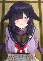 Rule 34 | 1girl, 1other, animal ears, blouse, blue archive, blush, breasts, buttons, cardigan, cleavage, fishnets, hair over one eye, highres, large breasts, long hair, long sleeves, looking at viewer, lop rabbit ears, neckerchief, parted lips, purple cardigan, purple eyes, purple hair, purple scarf, rabbit ears, sailor collar, scarf, see-through, see-through cleavage, shirt, solo focus, sonchi, tatami, tears, tsukuyo (blue archive), white shirt