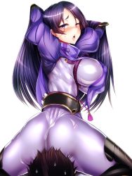 Rule 34 | 1boy, 1girl, armor, ass, black hair, blush, bodysuit, breasts, covered erect nipples, fate/grand order, fate (series), large breasts, long hair, looking at viewer, looking back, minamoto no raikou (fate), naughty face, open mouth, parted lips, purple eyes, purple hair, shiny clothes, short hair, sideboob, silly (marinkomoe), sitting, sitting on face, sitting on person, smile, sweat, very long hair
