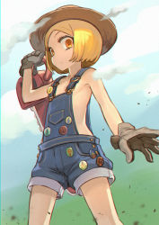 Rule 34 | 1girl, badge, bare shoulders, blonde hair, blue sky, button badge, chainsaw, closed mouth, fate/grand order, fate (series), flat chest, gloves, grey gloves, hat, highres, looking at viewer, naked overalls, ninnin (shishitou), overall shorts, overalls, paul bunyan (fate), paul bunyan (third ascension) (fate), short hair, sky, solo, straw hat, thighs, yellow eyes
