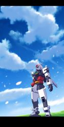 Rule 34 | blue eyes, core gundam, falling petals, g.yamamoto, gundam, gundam build divers, gundam build divers re:rise, highres, letterboxed, looking up, mecha, no humans, open hand, petals, robot, science fiction, sky, solo, standing, v-fin
