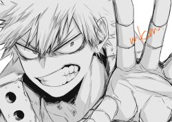 Rule 34 | 1boy, angry, bakugou katsuki, boku no hero academia, clenched teeth, greyscale, male focus, mkm (mkm storage), monochrome, reaching, reaching towards viewer, signature, simple background, sketch, solo, spiked hair, spot color, teeth, v-shaped eyebrows, white background