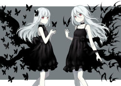 Rule 34 | 104 (luins104), 2girls, arms up, bare arms, bare legs, bare shoulders, bat (animal), bat wings, black butterfly, black dress, black flower, black rose, bug, butterfly, dress, fingernails, flower, frilled dress, frills, grey background, insect, long hair, multiple girls, red eyes, rose, sharp fingernails, siblings, silver hair, simple background, sleeveless, standing, twins, wings