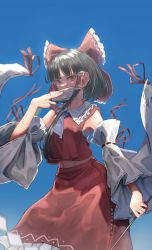 Rule 34 | 1girl, absurdres, ascot, bandages, bare shoulders, blue ascot, blue background, bow, breasts, collared shirt, covering own mouth, detached sleeves, frills, gohei, grey hair, hair ornament, hair tubes, hakurei reimu, hand up, highres, kougekiryoku, long sleeves, looking at viewer, medium breasts, midriff peek, navel, ofuda, red bow, red eyes, red shirt, red skirt, ribbon, ribbon-trimmed sleeves, ribbon trim, sarashi, shirt, short hair, simple background, skirt, solo, standing, touhou, wide sleeves