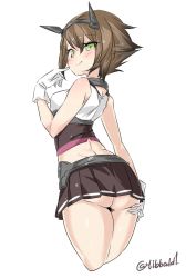 Rule 34 | 10s, 1girl, ass, back, bad id, bad twitter id, bare arms, bare shoulders, breasts, brown hair, brown skirt, closed mouth, cowboy shot, cropped legs, ebifurya, eyebrows, from behind, gloves, gluteal fold, green eyes, hair between eyes, hand on own ass, hand up, headband, highres, inactive account, kantai collection, looking at viewer, looking back, medium breasts, midriff, miniskirt, mutsu (kancolle), pleated skirt, short hair, simple background, skirt, sleeveless, smile, solo, twitter username, white background, white gloves