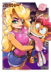 Rule 34 | 1boy, 1girl, animal ears, artist name, belt, blonde hair, breasts, brown belt, brown gloves, character name, crash bandicoot, crash bandicoot (series), denim, denim shorts, english text, fingerless gloves, furry, furry female, furry male, gloves, green eyes, hug, large breasts, long hair, looking at viewer, mike luckas, open mouth, pink shirt, red footwear, red hair, red lips, shirt, shoes, short shorts, shorts, sleeveless, tawna bandicoot, teeth, tongue, tongue out, translation request, watermark, web address