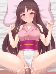 Rule 34 | 1boy, 1girl, absurdres, alternate costume, bare shoulders, black hair, blush, breasts, collarbone, commission, cum, cum in pussy, ejaculation, hetero, highres, houraisan kaguya, koumei (twinameless), long hair, lying, medium breasts, missionary, on bed, pink eyes, pixiv commission, sex, touhou, touhou tag dream, wrestling outfit