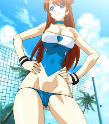 Rule 34 | 00s, 1girl, ass, bakuretsu tenshi, bare legs, bare shoulders, bikini, blue eyes, breasts, brown hair, choker, cleavage, cloud, day, female focus, gluteal fold, groin, hands on own hips, heart, heart print, highres, large breasts, legs, long hair, looking at viewer, lowleg, lowleg bikini, meg (bakuretsu tenshi), red hair, screencap, sky, smile, solo, standing, strapless, strapless bikini, swimsuit, volleyball net, wristband