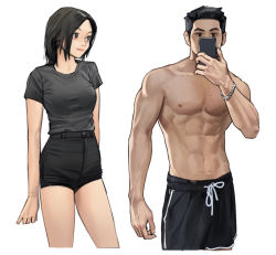 Rule 34 | 1boy, 1girl, abs, black hair, black shirt, black shorts, bracelet, covering face, cowboy shot, highres, jewelry, muscular, muscular male, original, pectorals, rinotuna, shirt, shirt tucked in, short hair, short sleeves, shorts, simple background, topless male, veins, veiny arms, white background