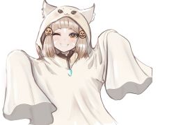 Rule 34 | 1girl, animal ears, blunt bangs, cat ears, cropped torso, fangs, ghost costume, grin, hair ornament, halloween costume, hood, hood up, jack-o&#039;-lantern, jack-o&#039;-lantern hair ornament, looking at viewer, nia (xenoblade), one eye closed, short hair, silver hair, simple background, smile, solo, spoilers, usausanopopo5, very long sleeves, white background, xenoblade chronicles (series), xenoblade chronicles 2, yellow eyes