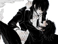 Rule 34 | 1boy, 1girl, black hair, black necktie, black pants, blush, chainsaw man, cigarette, closed eyes, collared shirt, formal, hair ornament, hair over one eye, hair tie, hand on another&#039;s stomach, hayakawa aki, highres, himeno (chainsaw man), holding, holding cigarette, holding hair ornament, korean commentary, necktie, open mouth, pants, shirt, simple background, smile, smoke, suit, white background, white shirt, whyreadmyid
