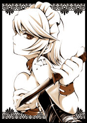 Rule 34 | 1girl, alternate costume, alternate hairstyle, bad id, bad pixiv id, grabbing another&#039;s breast, breast hold, breasts, collar, corset, face, female focus, frown, grabbing, hair down, izayoi sakuya, knife, looking back, maid, monochrome, short hair, solo, tattoo, throwing knife, touhou, uousa-ou, weapon