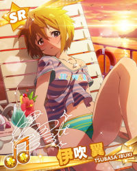 Rule 34 | 10s, 1girl, artist request, beamed quavers, bikini, bikini bottom only, card (medium), chair, character name, character signature, clothes writing, drink, female focus, flower, hibiscus, ibuki tsubasa, idolmaster, idolmaster million live!, jewelry, lounge chair, musical note, necklace, no pants, ocean, official art, red eyes, shirt, short hair, side-tie bikini bottom, signature, solo, striped bikini, striped clothes, striped shirt, sunset, swimsuit, water