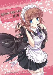 Rule 34 | 1girl, alternate costume, ankoromochi, apron, atelier (series), atelier rorona, blue eyes, blush, border, bow, brown hair, chain, character name, coat, content rating, english text, enmaided, female focus, frills, holding, jacket, jacket on shoulders, lace, lace border, looking at viewer, maid, maid apron, maid headdress, neckerchief, ornate border, pink background, rororina fryxell, short hair, silhouette, skirt, smile, solo, thighhighs, white thighhighs