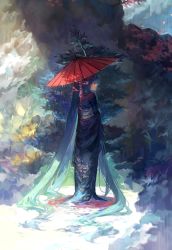 Rule 34 | 1girl, absurdly long hair, aqua hair, autumn leaves, blue eyes, bush, full body, hatsune miku, highres, japanese clothes, kimono, long hair, looking at viewer, looking back, oil-paper umbrella, parasol, plant, solo, standing, tang elen, tree, twintails, umbrella, very long hair, vocaloid