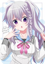 Rule 34 | 1girl, 2023, 9-nine-, :o, ahoge, blush, braid, breasts, clenched hand, collar, commentary, dated, dress, drop shadow, eyelashes, eyes visible through hair, fingernails, green ribbon, grey collar, grey hair, hair between eyes, hair ribbon, hands up, happy birthday, head tilt, highres, long hair, long sleeves, looking at viewer, medium breasts, niimi sora, open hand, open mouth, pink ribbon, purple eyes, ribbon, school uniform, side ponytail, sidelocks, signature, simple background, single braid, solo, surprised, taiga sb, twitter username, upper body, wavy hair, white background, white dress, wide-eyed