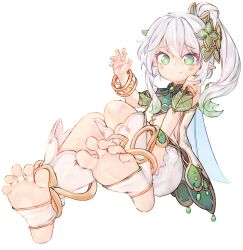 Rule 34 | 1girl, bare shoulders, barefoot, blush, bracelet, chaosexceed, detached sleeves, dot nose, dress, fairy wings, feet, foot focus, full body, genshin impact, green eyes, hand up, highres, jewelry, knees together feet apart, knees up, multicolored hair, nahida (genshin impact), pointy ears, ponytail, smile, soles, stirrup legwear, toeless legwear, toenails, toes, white dress, white hair, wings