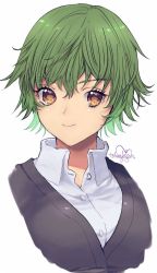 Rule 34 | 1girl, breasts, brown eyes, character request, closed mouth, collared shirt, green hair, looking at viewer, medium breasts, murata tefu, original, shirt, short hair, simple background, smile, solo, white background