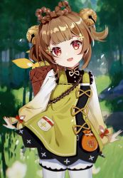 Rule 34 | 1girl, :d, absurdres, bag, bamboo, bamboo forest, bell, blunt bangs, blush, braid, brown hair, child, chinese clothes, cowboy shot, forest, genshin impact, grass, h2so4-c, hair bell, hair ornament, highres, jingle bell, long sleeves, looking at viewer, nature, open mouth, outdoors, red eyes, shorts, smile, solo, white legwear, yaoyao (genshin impact)