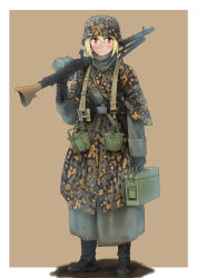 Rule 34 | 1girl, absurdres, ammunition box, belt buckle, blonde hair, boots, brown background, buckle, coat, commentary, dirty, dirty face, explosive, frown, gloves, grenade, gun, gun sling, highres, holster, letterboxed, load bearing equipment, looking to the side, machine gun, mardjan, mg 34, military, mud, original, poncho, pouch, red eyes, short hair, simple background, soldier, solo, trench coat, weapon, world war ii