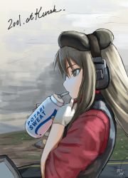 Rule 34 | 10s, 1girl, abazu-red, aged down, artist name, beret, black hat, black vest, bottle, brown eyes, brown hair, commentary, cursive, dated, drinking, english text, from side, girls und panzer, gloves, hat, headphones, logo, long hair, pocari sweat, profile, red shirt, shimada chiyo, shirt, short sleeves, signature, solo, vest, water bottle, white gloves