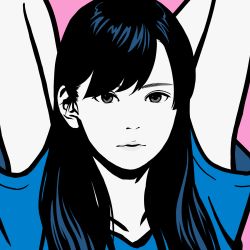 Rule 34 | 1girl, arms behind head, arms up, black hair, blue shirt, expressionless, flat color, grey eyes, hair behind ear, highres, long hair, looking at viewer, miyoshi yoshimi, original, pink background, shirt, short sleeves, simple background, solo
