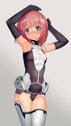 Rule 34 | 1girl, aikawa aika, alice gear aegis, armpits, arms up, bare shoulders, black gloves, blush, braid, breasts, cameltoe, covered erect nipples, crown braid, elbow gloves, gloves, leotard, looking at viewer, purple eyes, red hair, sasayuki, short hair, small breasts, smile, solo, thighhighs
