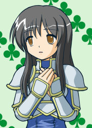 Rule 34 | 1girl, :o, armor, astrid (fire emblem), black hair, blush, breastplate, brown eyes, brown hair, earth ekami, fire emblem, fire emblem: path of radiance, fire emblem: radiant dawn, hands on own chest, long hair, long sleeves, looking to the side, nintendo, own hands together, parted lips, shoulder pads, solo, upper body