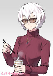 Rule 34 | 1girl, absurdres, artist name, black-framed eyewear, brown eyes, chopsticks, closed mouth, commentary, ge-b, glasses, grey background, highres, holding, holding chopsticks, jewelry, long sleeves, looking at viewer, necklace, nissin cup noodle, original, red sweater, short hair, simple background, sleeves past wrists, solo, sweater, turtleneck, turtleneck sweater, upper body, white hair