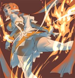Rule 34 | 00s, 1girl, bike shorts, bow, elbow gloves, fire, from behind, gloves, my-hime, my-otome, nekomamire, orange hair, orange shirt, scarf, shirt, solo, surprised, thighhighs, tokiha mai