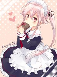 Rule 34 | 1girl, adapted costume, alternate costume, apron, black dress, blue hair, chocolate, cowboy shot, dated, dress, enmaided, flower, frilled apron, frills, gradient hair, hair flaps, hair flower, hair ornament, harusame (kancolle), heart, hirune (konekonelkk), kantai collection, looking at viewer, maid, multicolored hair, pink hair, red eyes, side ponytail, solo, twitter username, white apron