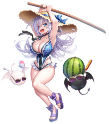 Rule 34 | 1girl, 2others, alternate costume, aqua eyes, armpits, asahi, breasts, cleavage, curvy, food, fruit, full body, grey hair, highleg, highleg swimsuit, highres, huge breasts, kuro (taimanin series), large breasts, lilith-soft, long hair, looking at viewer, miriam (taimanin asagi), multiple others, official alternate costume, official art, one-piece swimsuit, open mouth, pointy ears, shiny skin, shiro (taimanin series), smile, solo, sunglasses, swimsuit, sword, taimanin (series), taimanin rpgx, very long hair, watermelon, weapon, white background, wide hips, wooden sword