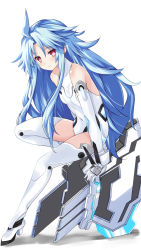 Rule 34 | 1girl, alternate hair length, alternate hairstyle, bare shoulders, blanc, blanc (neptunia), blue hair, blush, boots, breasts, commentary request, covered navel, elbow gloves, from side, full body, gekijigen tag: blanc + neptune vs zombie gundan, gloves, high heel boots, high heels, highres, iwashi dorobou -r-, leaning forward, leg up, legs, leotard, long hair, looking at viewer, looking to the side, messy hair, nepnep connect: chaos chanpuru, neptune (series), power symbol, power symbol-shaped pupils, red eyes, simple background, sitting, sitting on object, skin tight, small breasts, smile, solo, symbol-shaped pupils, thigh boots, thighhighs, thighs, very long hair, vvvtune, white background, white gloves, white heart (neptunia), white leotard, white thighhighs