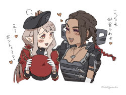Rule 34 | 2girls, ^ ^, animification, apex legends, arms dealer loba, bad id, bad pixiv id, beret, black choker, black headwear, blush, braid, breasts, brown hair, choker, cleavage, closed eyes, collarbone, elu (nijisanji), eyeshadow, gloves, gradient hair, hachigamoto, hair behind ear, hat, headpat, heart, highres, holding, holding clothes, holding hat, jacket, juliet sleeves, loba (apex legends), long sleeves, makeup, multicolored hair, multiple girls, nijisanji, official alternate costume, open mouth, pointy ears, puffy sleeves, purple eyeshadow, red eyes, red hair, red headwear, red jacket, twin braids, unworn hat, unworn headwear, virtual youtuber, white background, white gloves