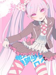 1girl asymmetrical_legwear asymmetrical_thighhighs black_jacket bow clothes_lift danganronpa_(series) danganronpa_another_episode:_ultra_despair_girls fake_horns female_focus horned_headwear horns jacket japanese_text loli long_hair looking_at_viewer matching_hair/eyes multicolored_thighhighs open_mouth pink_background pink_bow pink_eyes pink_hair pink_horns pink_stripes pink_thighhighs simple_background skirt skirt_lift solo striped_clothes striped_thighhighs thighhighs twintails utsugi_kotoko white_background white_stripes white_thighhighs