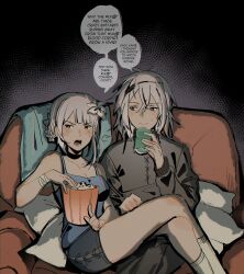 Rule 34 | 1boy, 1girl, 221bltt, alternate universe, can, casual, contemporary, couch, drink can, english text, flower, food, grey hair, hair flower, hair ornament, highres, kaine (nier), looking at another, nier, nier (series), nier (young), open mouth, popcorn, short shorts, shorts, sitting, sitting on lap, sitting on person, soda can, speech bubble, tank top