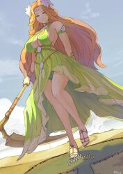 Rule 34 | 1girl, absurdres, bracelet, breasts, cloud, day, dress, feather hair ornament, feathers, final fantasy, final fantasy xiv, giant, giantess, green dress, green eyes, green panties, hair ornament, halter dress, halterneck, highres, holding, holding scythe, jewelry, large breasts, nophica, outdoors, panties, red hair, scythe, seo tatsuya, sky, sleeveless, sleeveless dress, smile, solo focus, standing, standing on one leg, twitter username, underwear