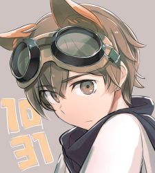 Rule 34 | 1girl, animal ears, birthday, brown eyes, brown hair, commentary, goggles, goggles on head, grey background, katou keiko, looking at viewer, looking to the side, matching hair/eyes, portrait, scarf, serious, shiraba (sonomama futene), short hair, simple background, sketch, solo, strike witches, world witches series