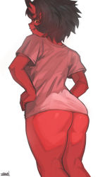 Rule 34 | 1girl, ass, black hair, closed mouth, colored skin, fang, fang out, from behind, grey shirt, hands on own hips, horns, kidouko (zakusi), looking at viewer, looking back, naked shirt, oni, oni horns, original, red oni, red skin, shirt, short hair, short sleeves, sideways glance, signature, simple background, skin fang, smile, solo, white background, zakusi