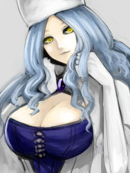 Rule 34 | 1girl, belinda, black sclera, blue hair, breasts, cleavage, cleavage cutout, clothing cutout, colored sclera, corset, elbow gloves, gloves, hat, highres, huge breasts, impossible clothes, kumiko shiba, long hair, solo, unlight, white gloves, yellow eyes