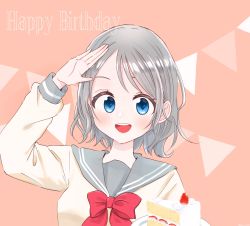 Rule 34 | 1girl, aqua eyes, artist name, artist request, blue eyes, blush, bow, bowtie, breasts, brown hair, buttons, cake, collarbone, collared shirt, female focus, food, grey hair, grey sailor collar, hair between eyes, highres, light brown hair, long sleeves, looking at viewer, love live!, love live! sunshine!!, parted lips, plate, red bow, red bowtie, sailor collar, salute, school uniform, shirt, short hair, small breasts, smile, solo, upper body, uranohoshi school uniform, watanabe you, white shirt, yellow buttons