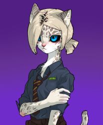 Rule 34 | 1girl, animal ears, black sclera, blue eyes, blue shirt, colored sclera, female focus, furry, furry female, golaegun, gradient background, hair over one eye, highres, leopard ears, leopard tail, necktie, original, purple background, shirt, shirt tucked in, short ponytail, solo, striped, striped necktie, tail, whiskers