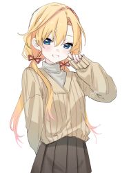 Rule 34 | 1girl, abukuma (kancolle), black skirt, blonde hair, blue eyes, cowboy shot, highres, kamisuiori, kantai collection, long hair, low twintails, official alternate costume, official alternate hairstyle, pleated skirt, ribbed sweater, simple background, skirt, solo, sweater, twintails, white background, white sweater