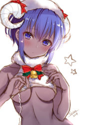 Rule 34 | 2018, bare shoulders, blush, breasts, closed mouth, collarbone, crop top, curled horns, dark-skinned female, dark skin, fate/prototype, fate/prototype: fragments of blue and silver, fate (series), fingernails, hair between eyes, hands up, hassan of serenity (fate), hassan of serenity (merry sheep) (fate), head tilt, horns, medium breasts, purple eyes, purple hair, seiru (prairie), sheep horns, signature, sketch, solo, star (symbol), underboob, upper body, wool