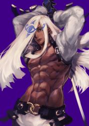 Rule 34 | 1boy, abs, arms behind back, arms up, bare pectorals, belt, black gloves, blue eyes, commentary request, cue stick, dark-skinned male, dark skin, gloves, gradient background, guilty gear, hair over one eye, highres, kin mokusei, long sleeves, male focus, navel, nipples, pectorals, purple background, shrug (clothing), simple background, standing, venom (guilty gear), white hair