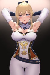 Rule 34 | 1girl, 1nilla&#039;, absurdres, adjusting hair, armpits, arms up, blonde hair, blue eyes, blush, bow, breasts, cleavage, cowboy shot, detached sleeves, genshin impact, hair bow, half-closed eyes, heavy breathing, highres, jean (genshin impact), looking at viewer, medium breasts, no cape, open mouth, pants, ponytail, sleeveless, solo, steam, steaming body, sweat, thigh gap, tight clothes, tight pants, white pants