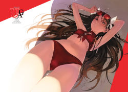 Rule 34 | 1girl, adjusting eyewear, arm behind head, armpits, azusa (hws), bikini, black hair, blue eyes, bow, brown hair, choker, eyewear on head, fate/stay night, fate (series), foreshortening, front-tie top, gradient background, hair bow, hair spread out, long hair, looking at viewer, lying, navel, on back, parted lips, red bikini, shade, solo, sunglasses, swimsuit, thigh gap, thighs, tohsaka rin, twintails, two side up, wet